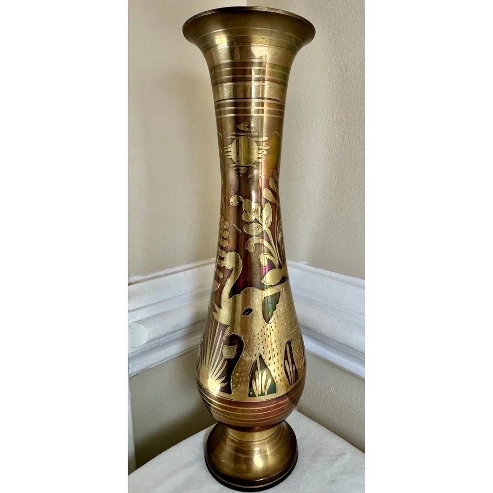 Vintage Etched Brass Elephant Vase Iridescent Patina 11
